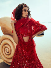 Load image into Gallery viewer, Red Soft Net Sequins Semi Stitched Lehenga With  Unstitched Blouse Clothsvilla