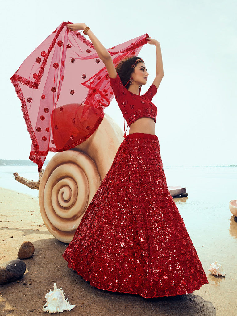 Red Soft Net Sequins Semi Stitched Lehenga With  Unstitched Blouse Clothsvilla