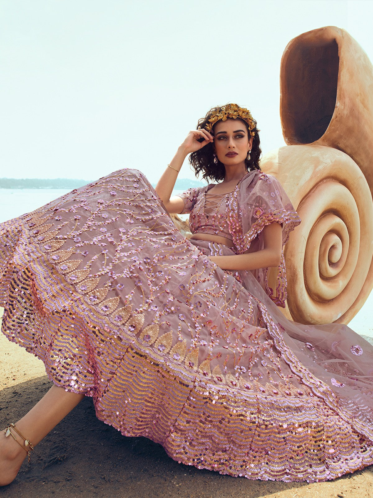 Designer Purple Soft Net With Sequins Thread Semi Stitched Lehenga With  Unstitched Blouse Clothsvilla