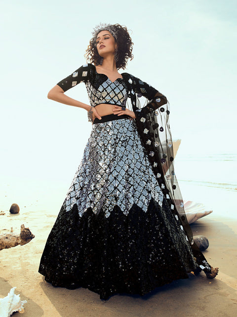 Black Classy Semi Stitched Lehenga With  Unstitched Blouse Clothsvilla Main image