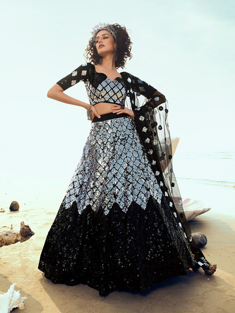 Black Classy Semi Stitched Lehenga With  Unstitched Blouse Clothsvilla