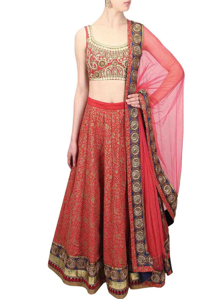 Red Embroidered Art Silk Semi Stitched Lehenga With Unstitched Blouse Clothsvilla