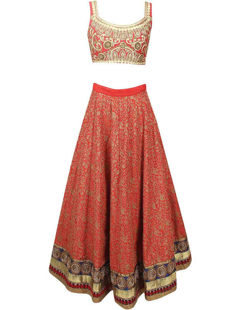 Red Embroidered Art Silk Semi Stitched Lehenga With Unstitched Blouse Clothsvilla