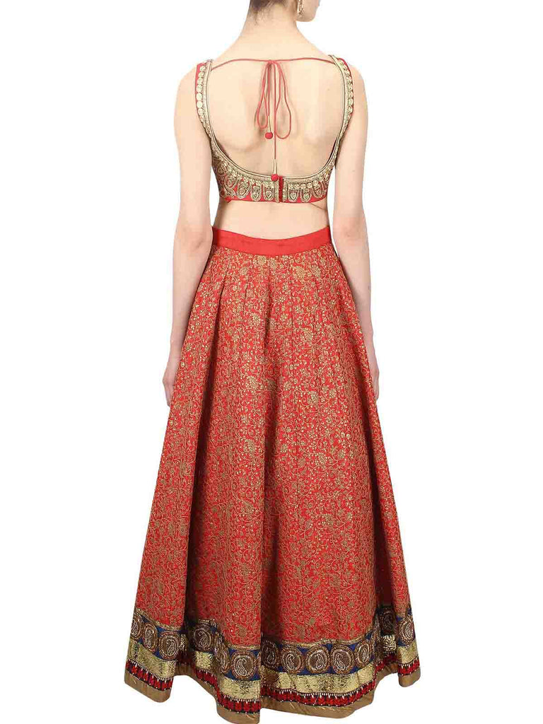 Red Embroidered Art Silk Semi Stitched Lehenga With Unstitched Blouse Clothsvilla