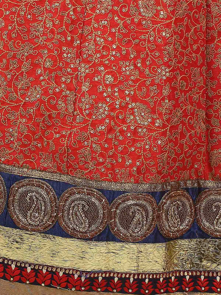 Red Embroidered Art Silk Semi Stitched Lehenga With Unstitched Blouse Clothsvilla