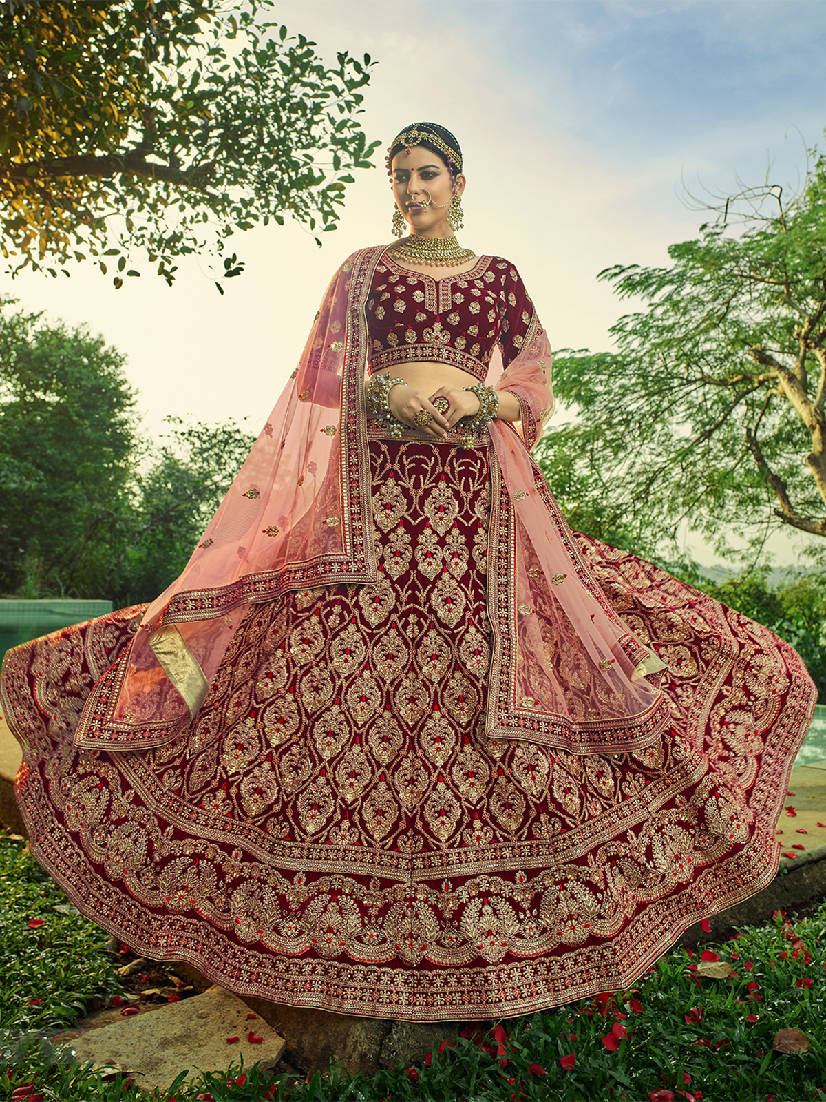 Maroon  Velvet Semi Stitched Lehenga With  Unstitched Blouse Clothsvilla Main image