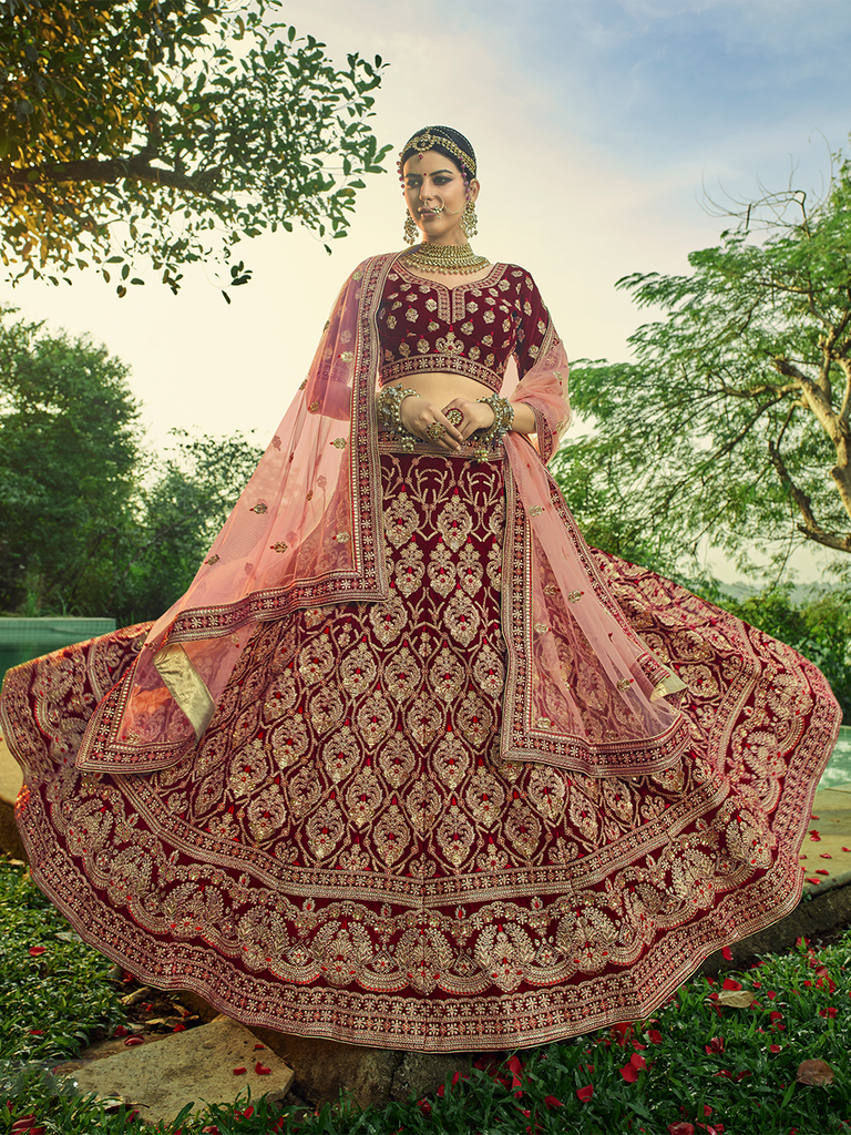 Maroon  Velvet Semi Stitched Lehenga With  Unstitched Blouse Clothsvilla