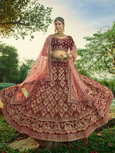 Load image into Gallery viewer, Maroon  Velvet Semi Stitched Lehenga With  Unstitched Blouse Clothsvilla