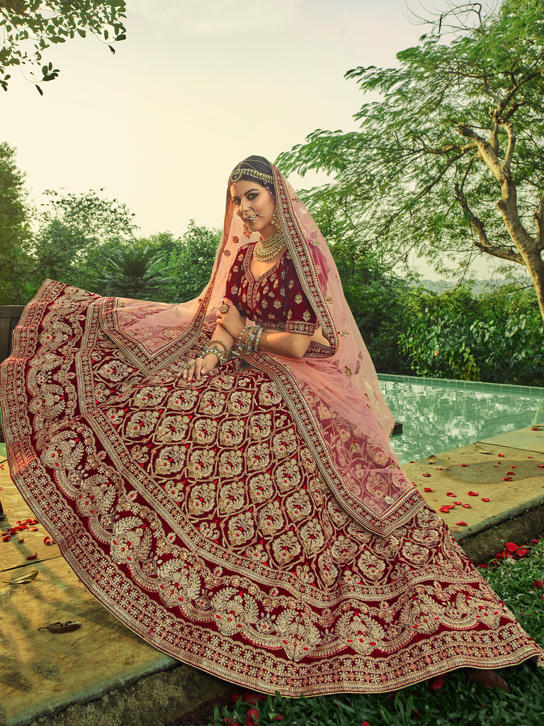 Maroon  Velvet Semi Stitched Lehenga With  Unstitched Blouse Clothsvilla