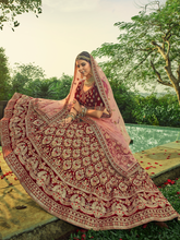 Load image into Gallery viewer, Maroon  Velvet Semi Stitched Lehenga With  Unstitched Blouse Clothsvilla