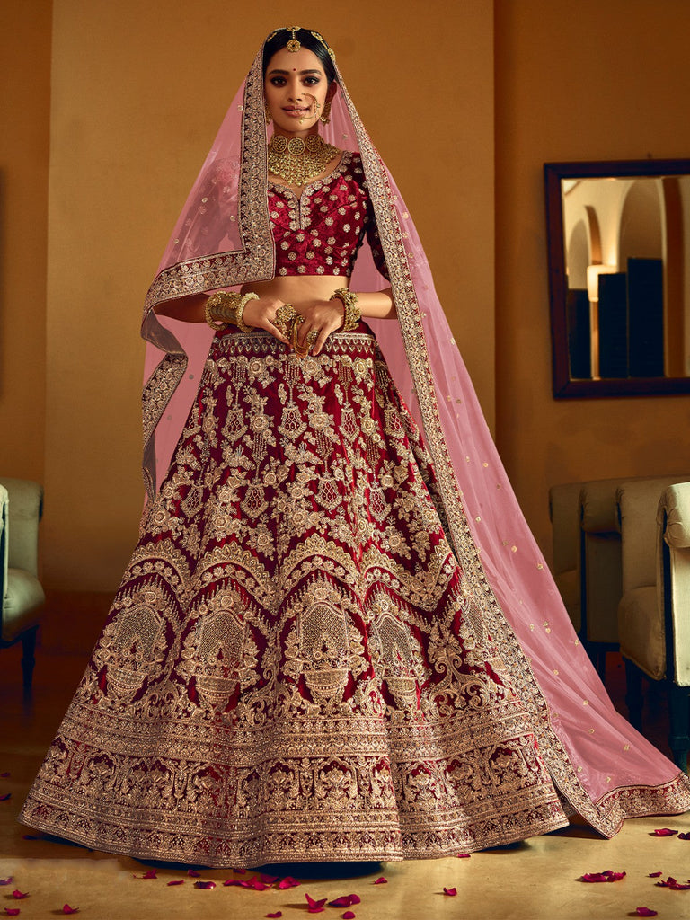 Maroon Velvet Semi Stitched Lehenga With  Unstitched Blouse Clothsvilla