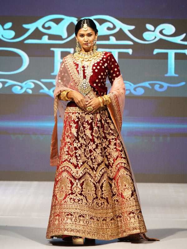 Maroon Velvet Semi Stitched Lehenga With  Unstitched Blouse Clothsvilla