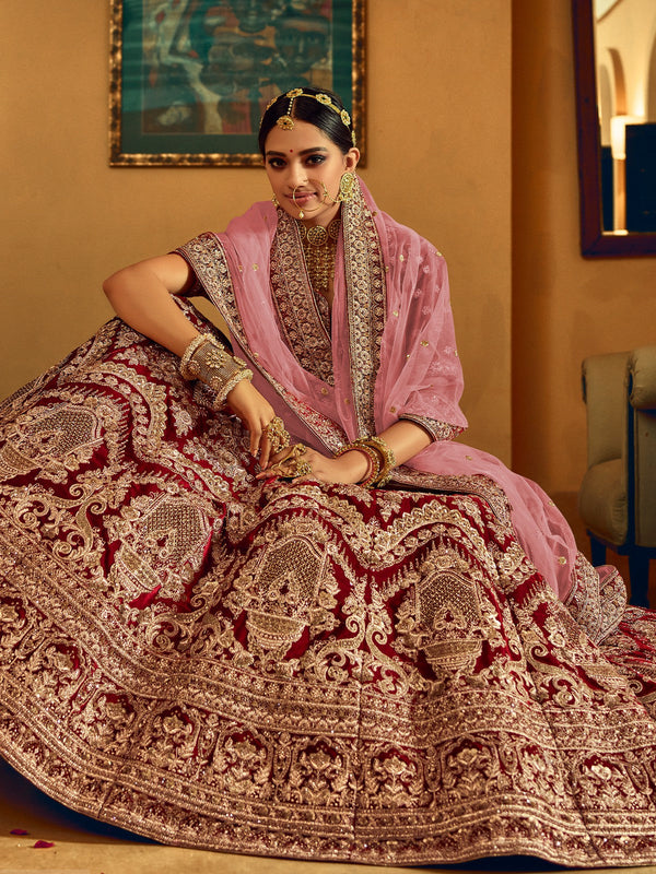 Maroon Velvet Semi Stitched Lehenga With  Unstitched Blouse Clothsvilla