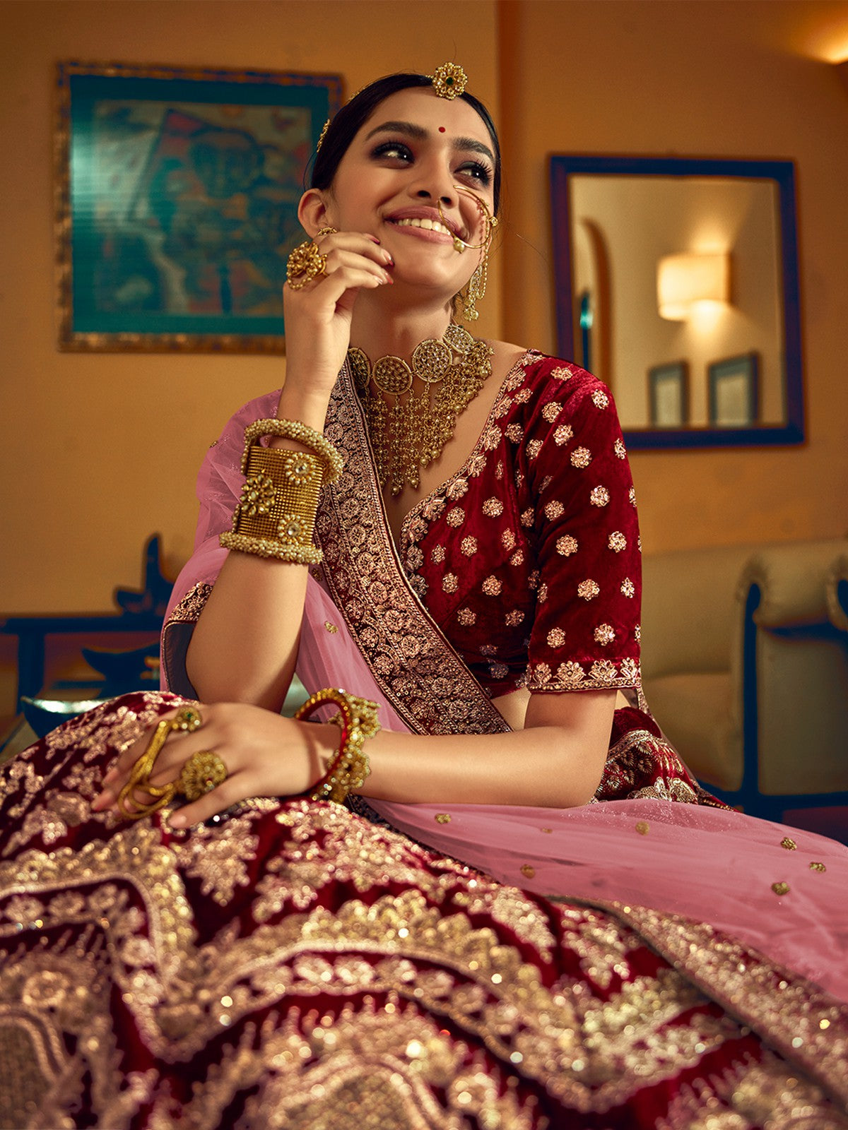 Maroon Velvet Semi Stitched Lehenga With  Unstitched Blouse Clothsvilla