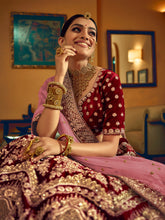 Load image into Gallery viewer, Maroon Velvet Semi Stitched Lehenga With  Unstitched Blouse Clothsvilla