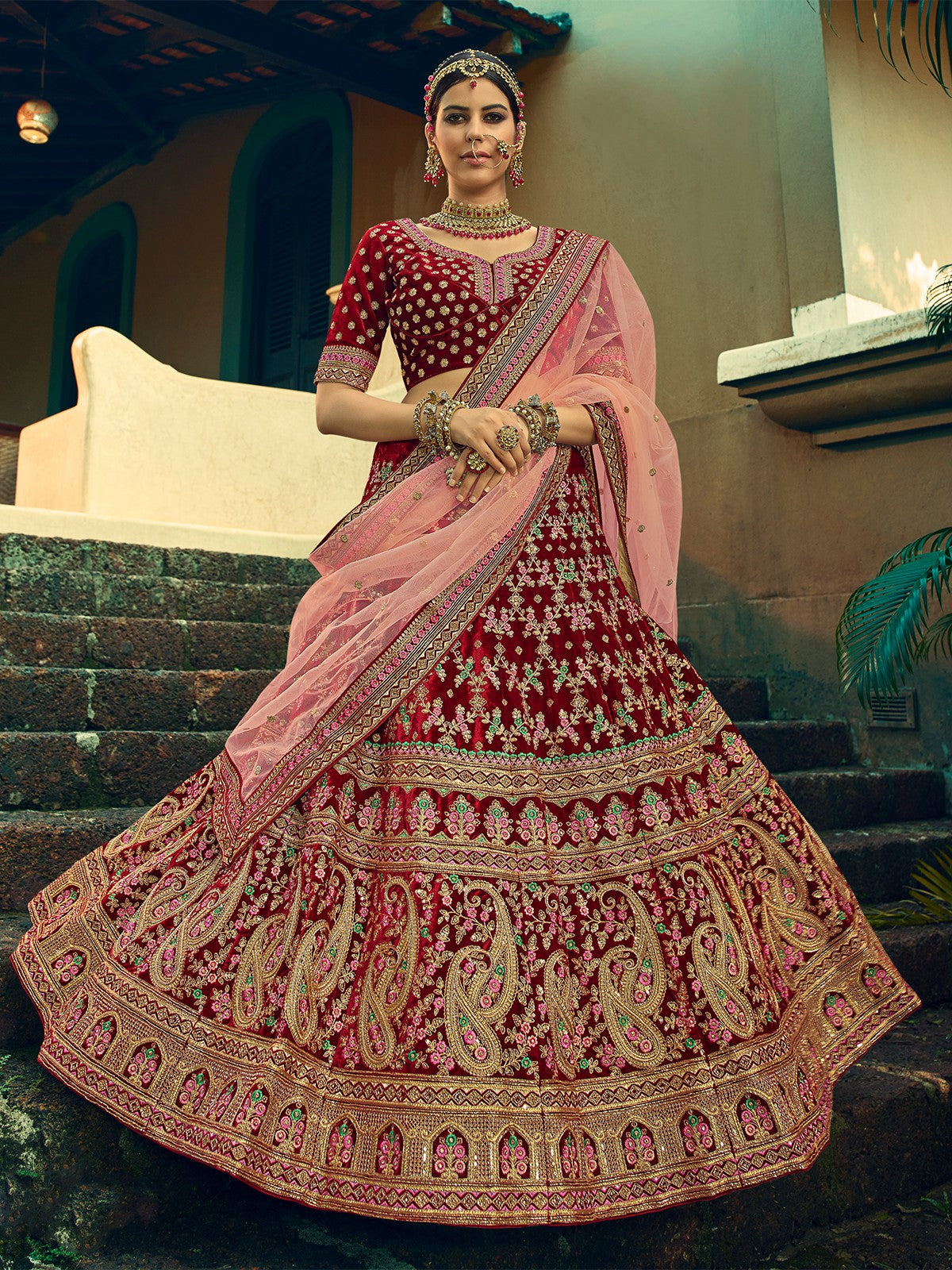 Festive Maroon  Semi Stitched Lehenga With  Unstitched Blouse Clothsvilla Main image