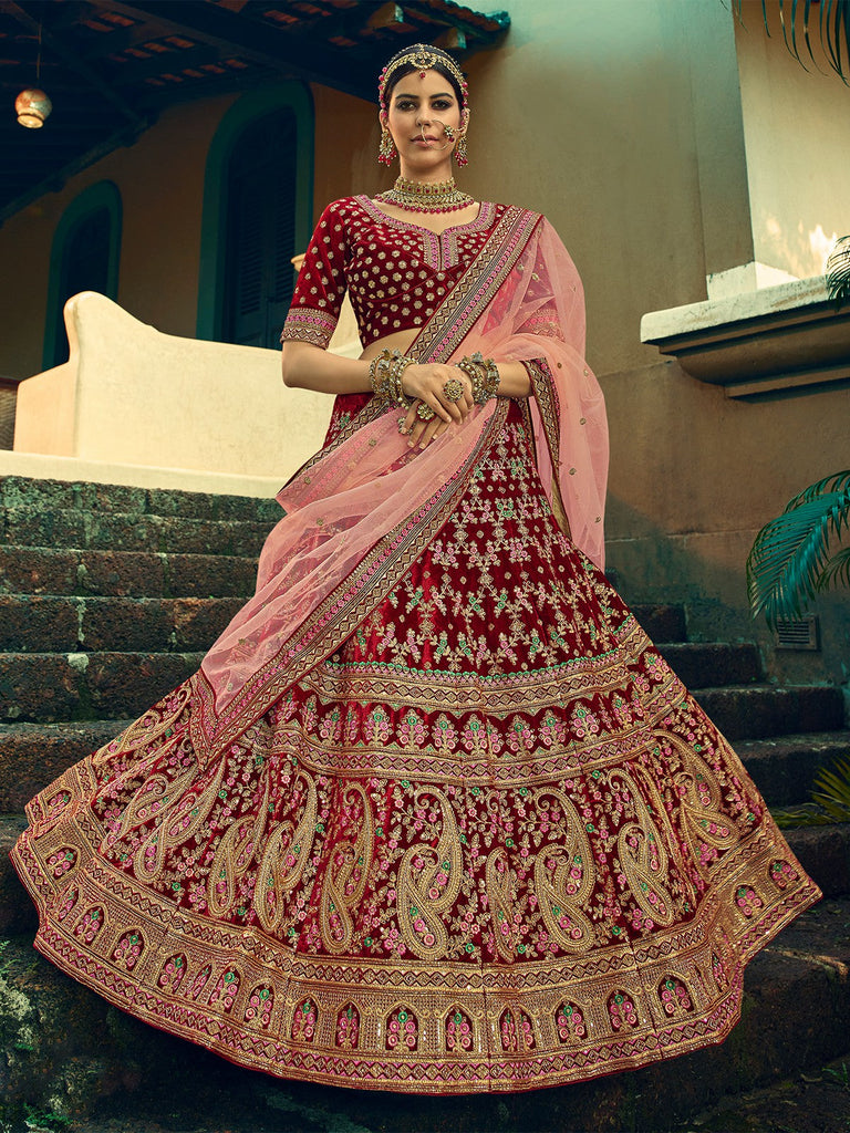 Festive Maroon  Semi Stitched Lehenga With  Unstitched Blouse Clothsvilla