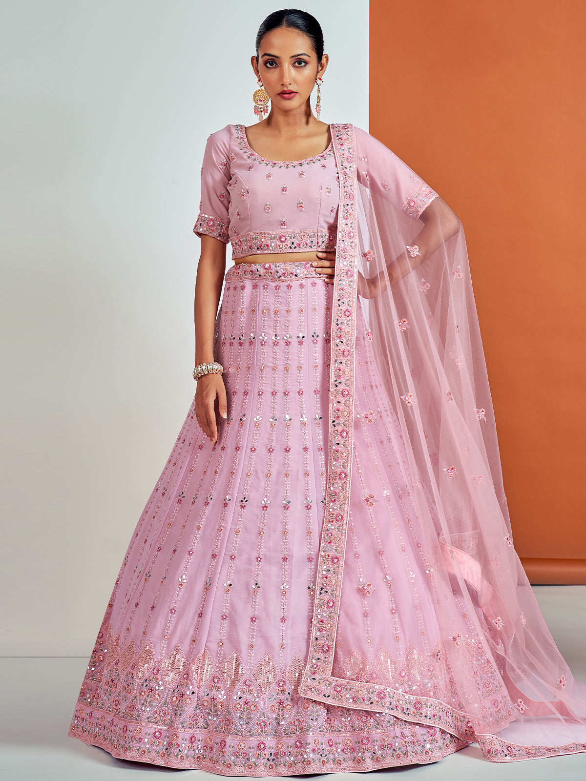 Beautiful Pink Georgette Semi Stitched Lehenga With Unstitched Blouse Clothsvilla