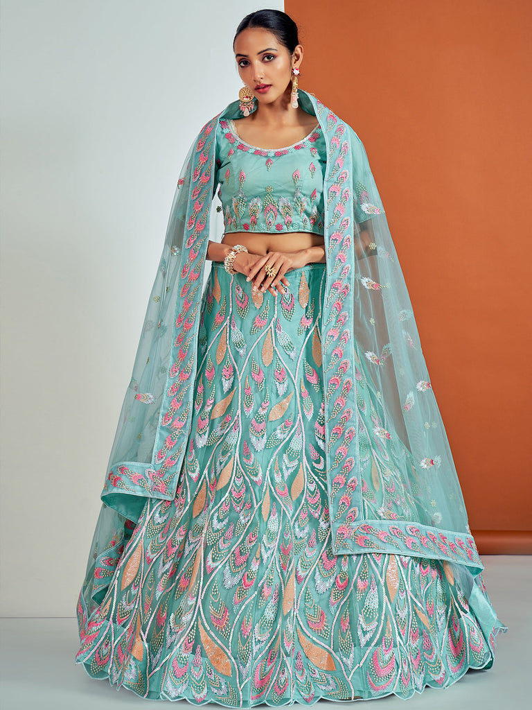 Stylish Blue Soft Net Semi Stitched Lehenga With Unstitched Blouse Clothsvilla