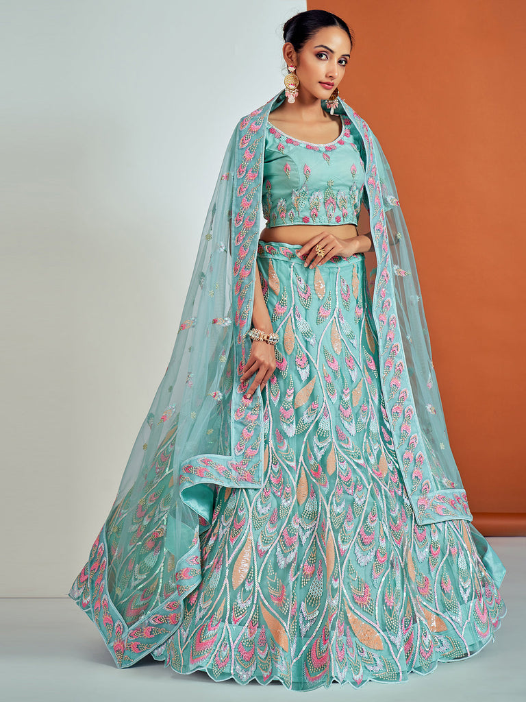 Stylish Blue Soft Net Semi Stitched Lehenga With Unstitched Blouse Clothsvilla