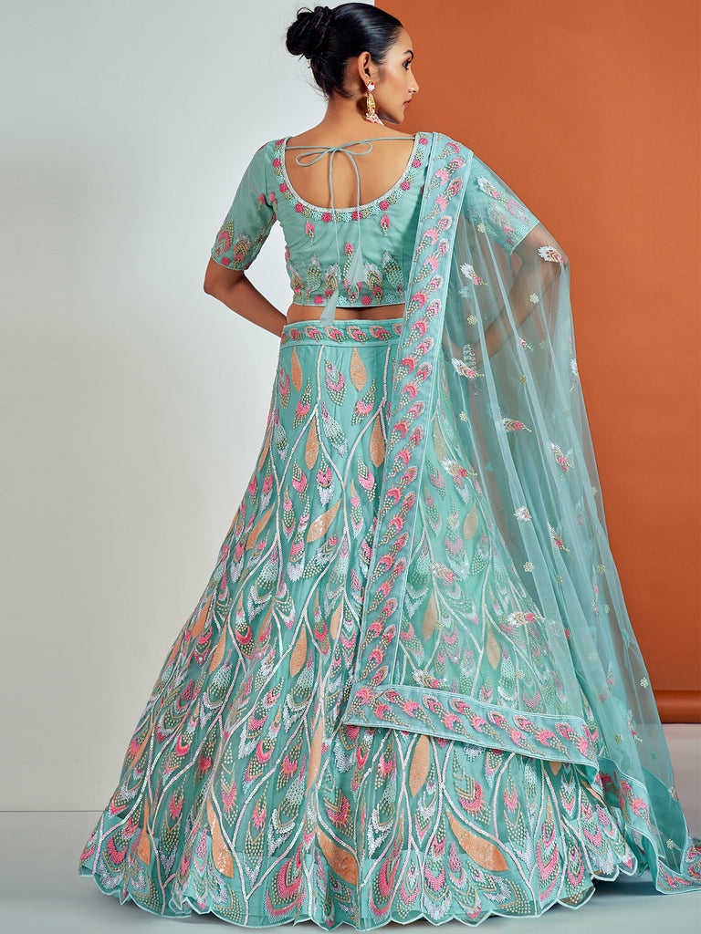 Stylish Blue Soft Net Semi Stitched Lehenga With Unstitched Blouse Clothsvilla