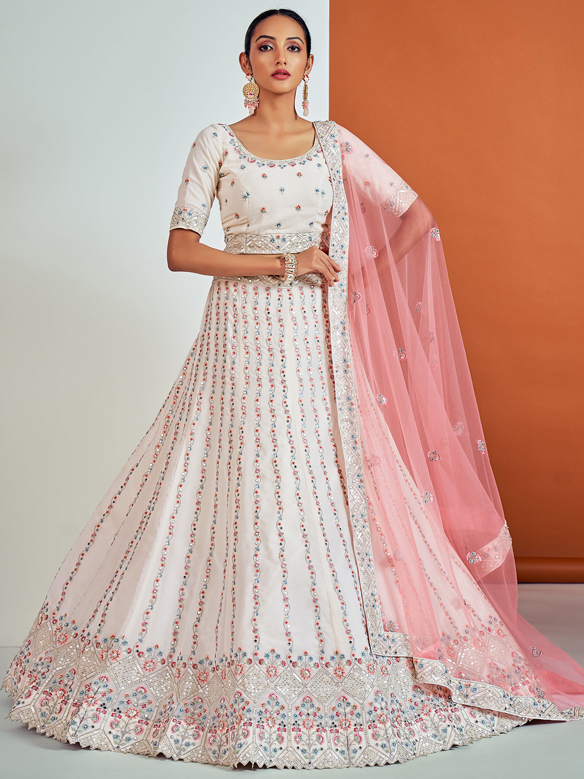 Modren White Georgette Semi Stitched Lehenga With Unstitched Blouse Clothsvilla Main image