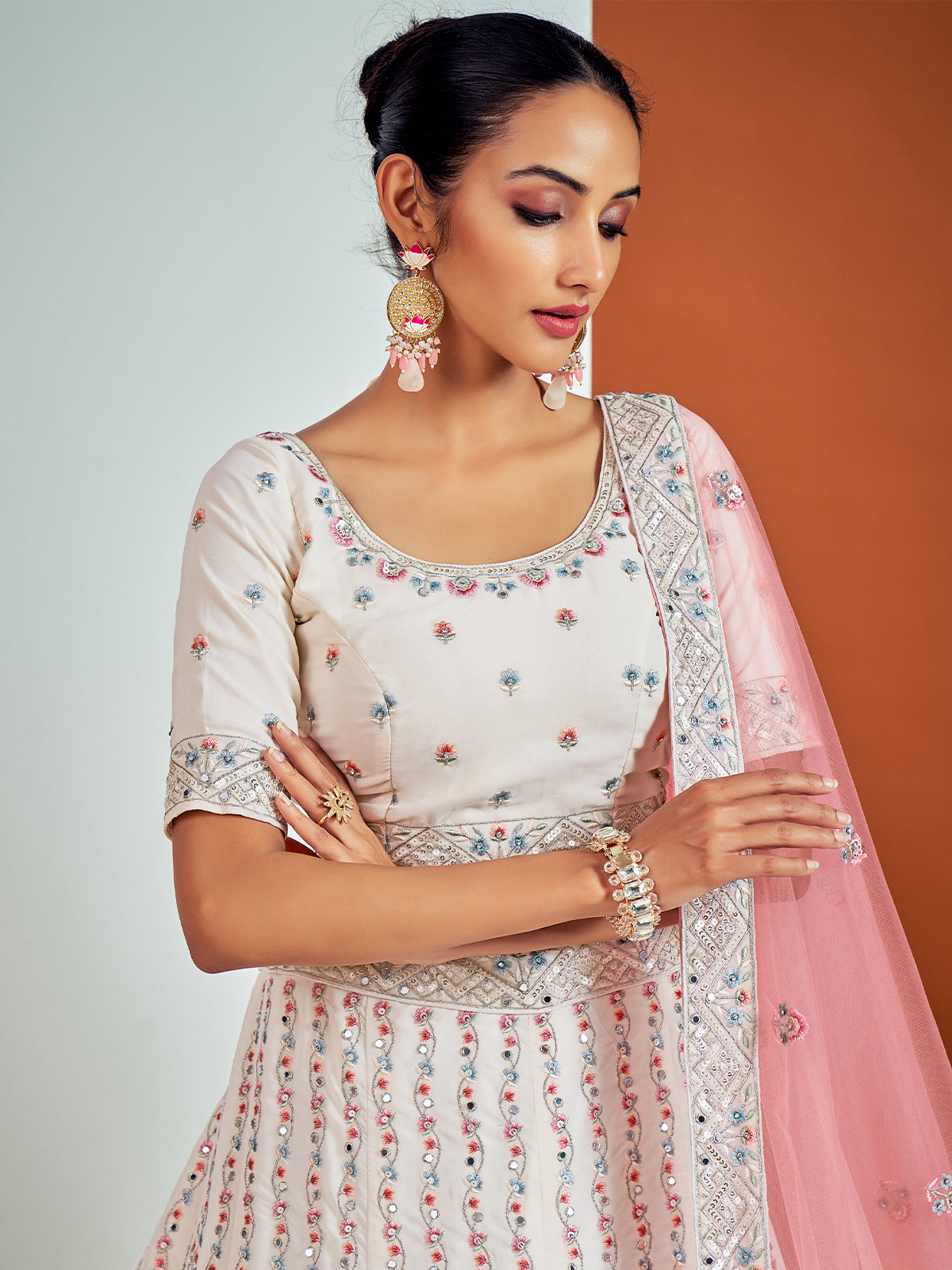 Modren White Georgette Semi Stitched Lehenga With Unstitched Blouse Clothsvilla