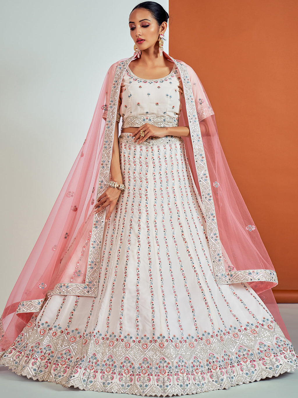 Modren White Georgette Semi Stitched Lehenga With Unstitched Blouse Clothsvilla