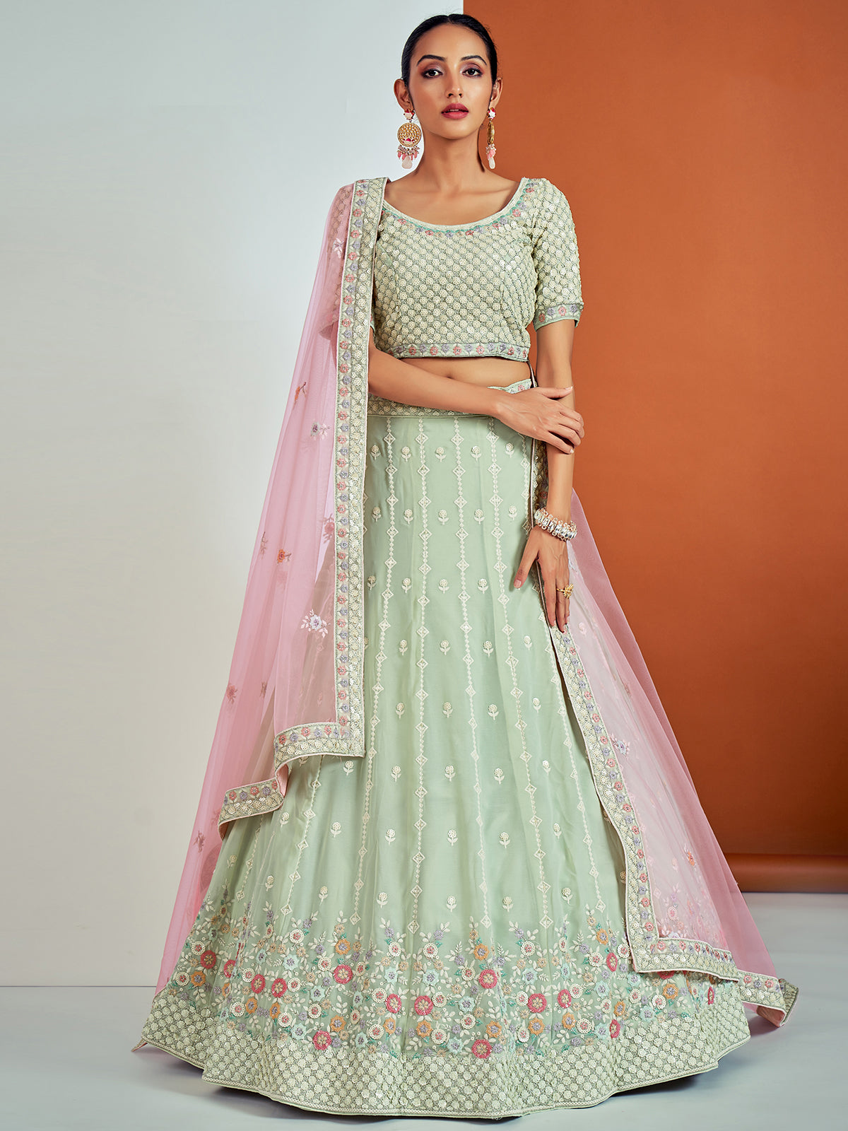 Designer Sea Green Georgette Semi Stitched Lehenga With Unstitched Blouse Clothsvilla Main image
