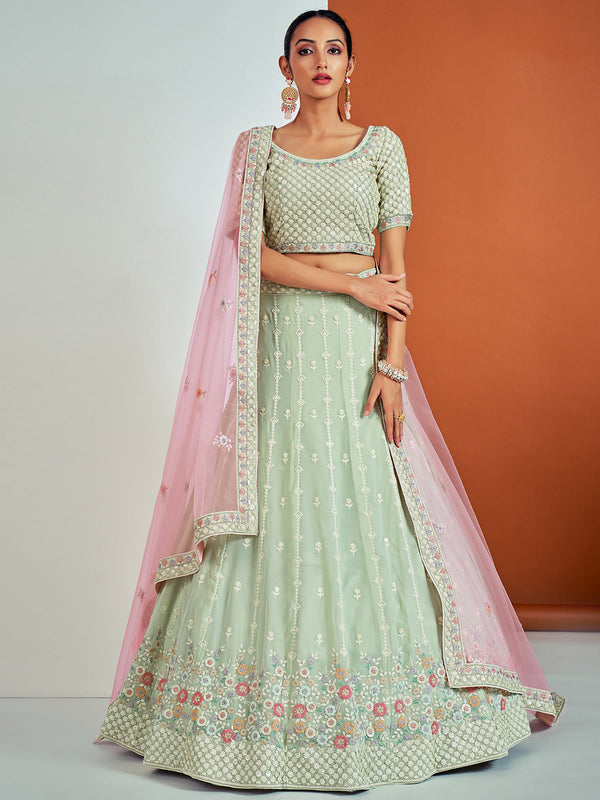 Designer Sea Green Georgette Semi Stitched Lehenga With Unstitched Blouse Clothsvilla