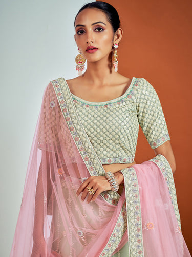 Designer Sea Green Georgette Semi Stitched Lehenga With Unstitched Blouse Clothsvilla