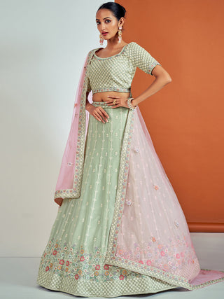 Designer Sea Green Georgette Semi Stitched Lehenga With Unstitched Blouse Clothsvilla