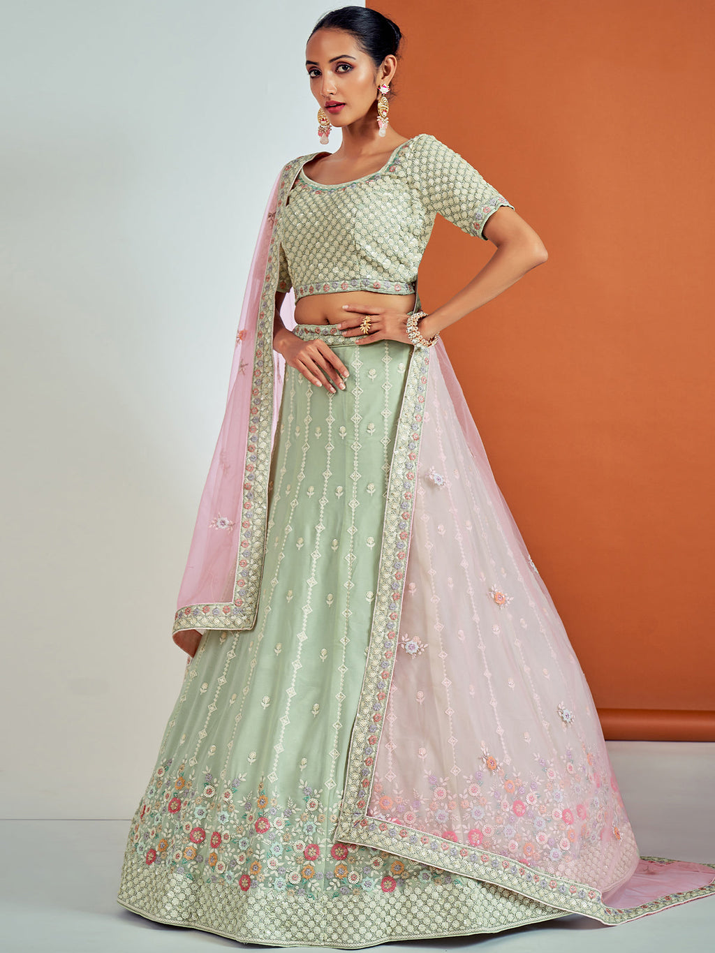 Designer Sea Green Georgette Semi Stitched Lehenga With Unstitched Blouse Clothsvilla