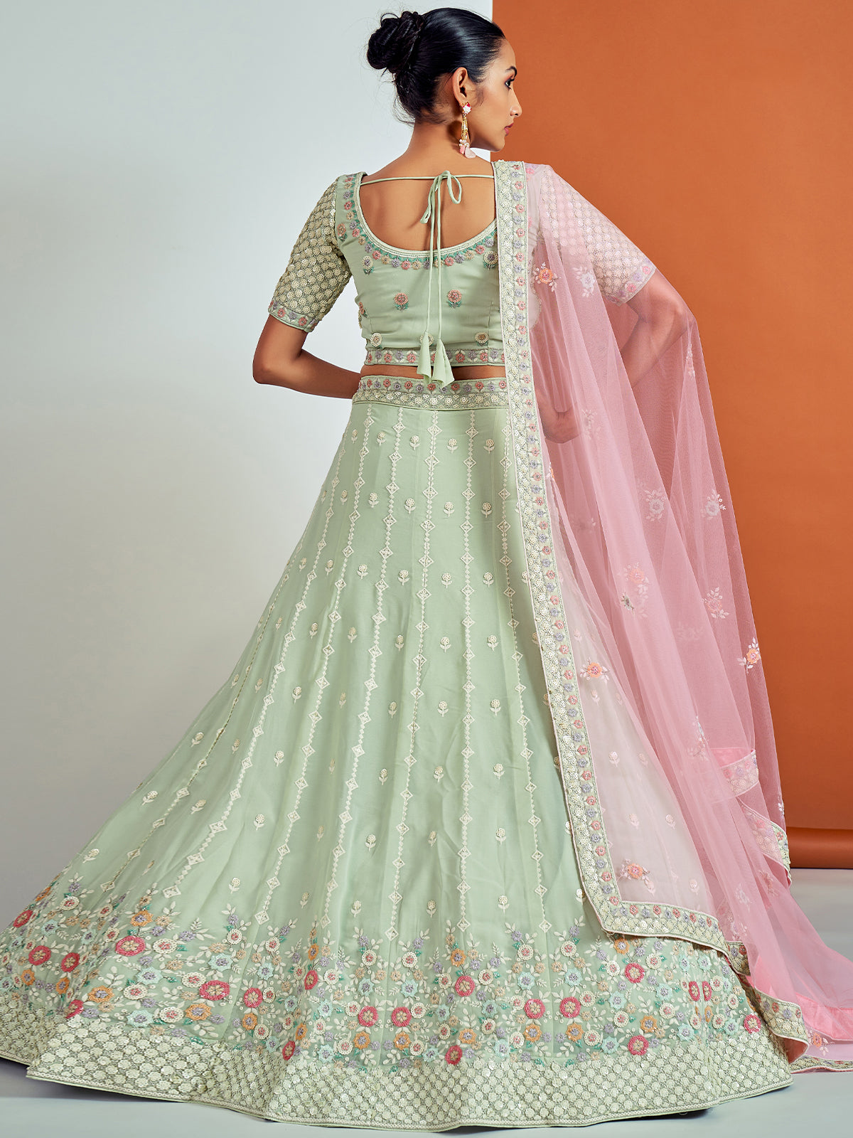 Designer Sea Green Georgette Semi Stitched Lehenga With Unstitched Blouse Clothsvilla