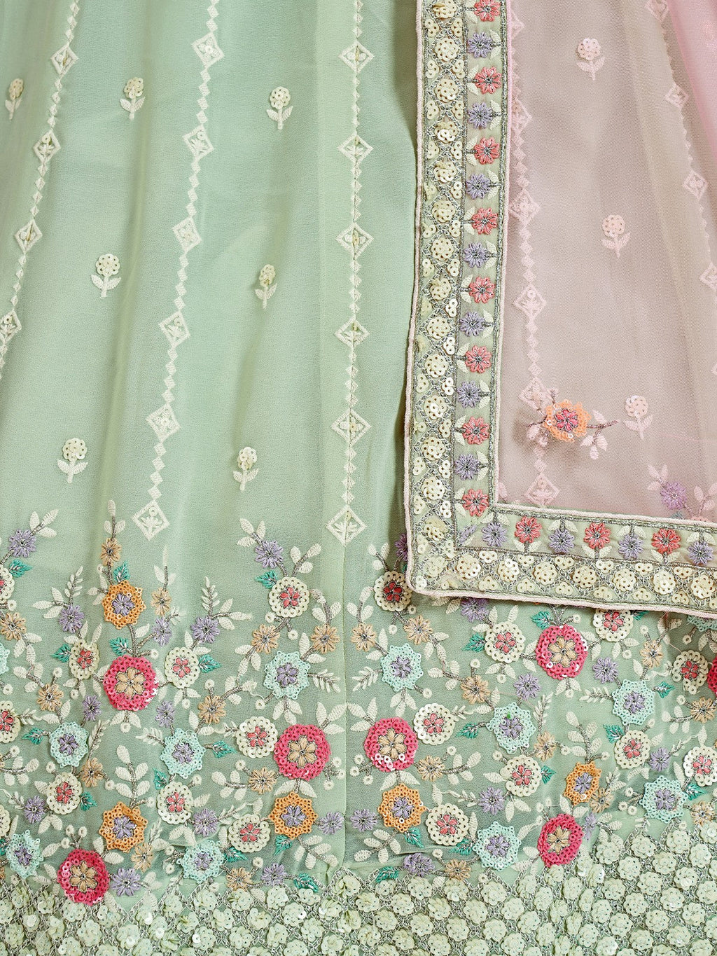 Designer Sea Green Georgette Semi Stitched Lehenga With Unstitched Blouse Clothsvilla