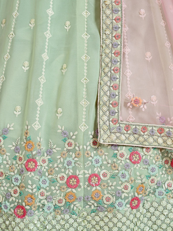 Designer Sea Green Georgette Semi Stitched Lehenga With Unstitched Blouse Clothsvilla