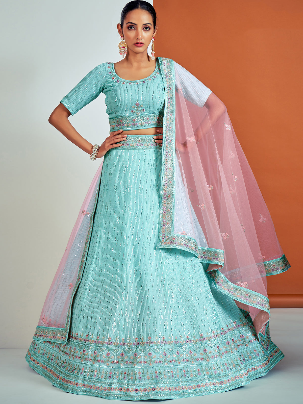 Classic Blue Georgette Semi Stitched Lehenga With Unstitched Blouse Clothsvilla Main image