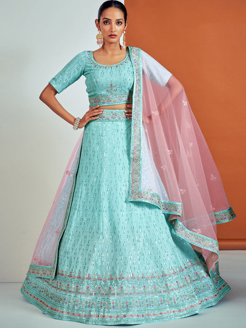 Classic Blue Georgette Semi Stitched Lehenga With Unstitched Blouse Clothsvilla Main image