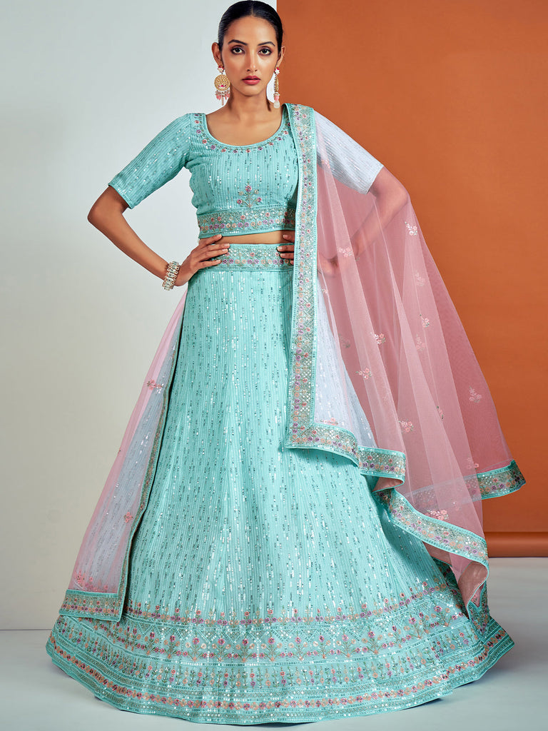 Classic Blue Georgette Semi Stitched Lehenga With Unstitched Blouse Clothsvilla