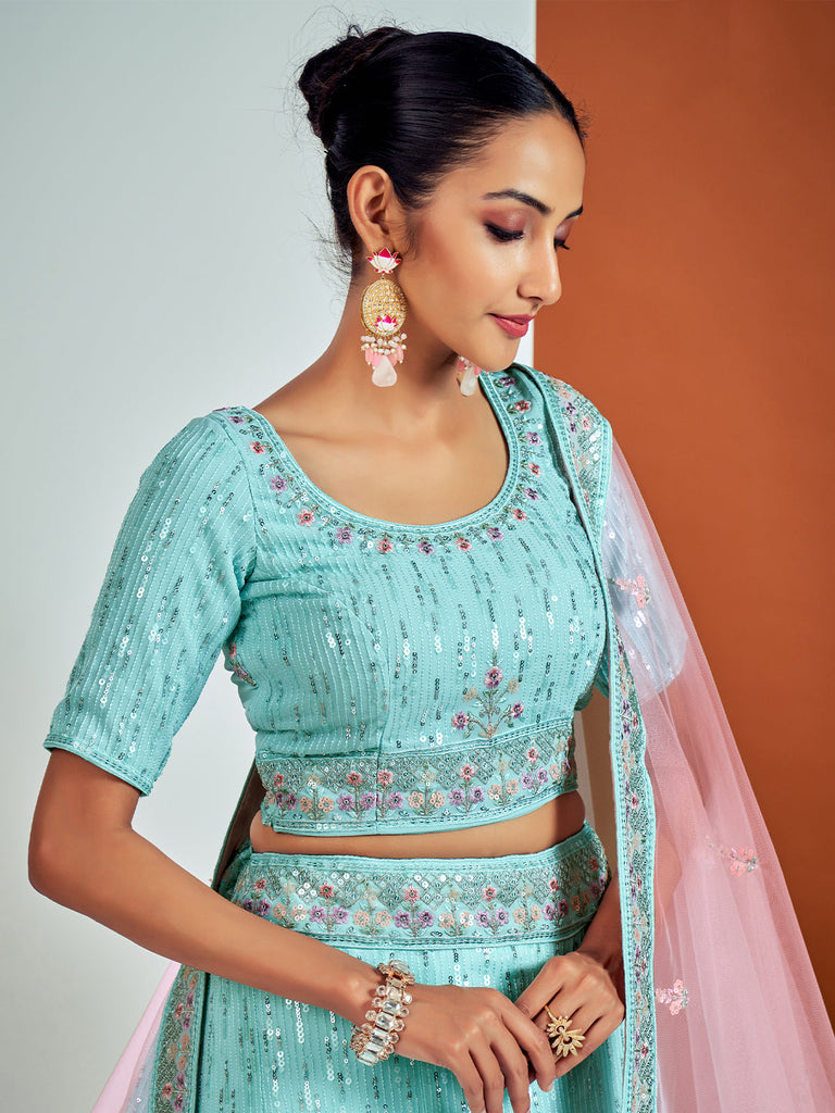 Classic Blue Georgette Semi Stitched Lehenga With Unstitched Blouse Clothsvilla