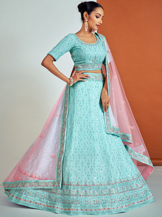 Classic Blue Georgette Semi Stitched Lehenga With Unstitched Blouse Clothsvilla