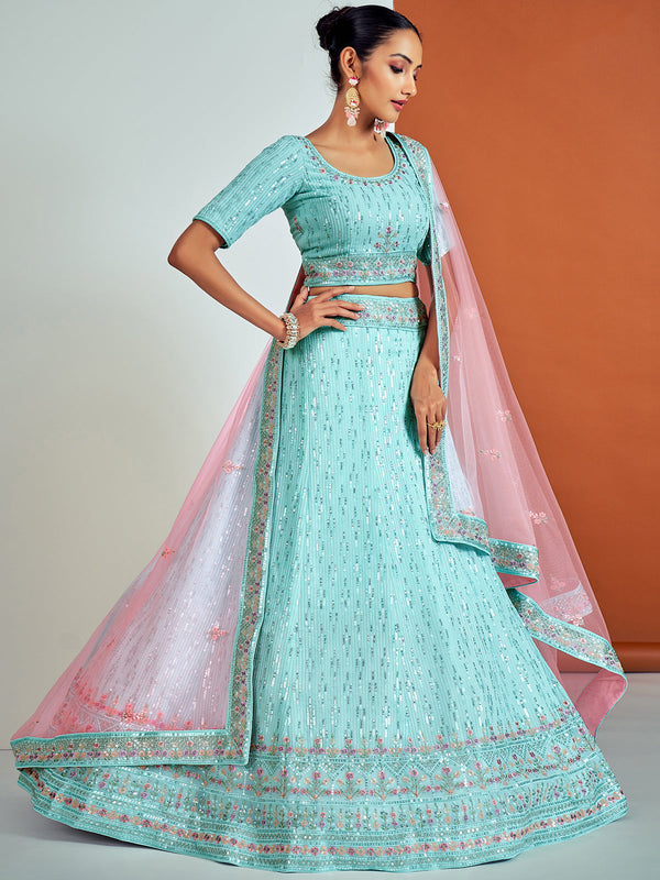 Classic Blue Georgette Semi Stitched Lehenga With Unstitched Blouse Clothsvilla