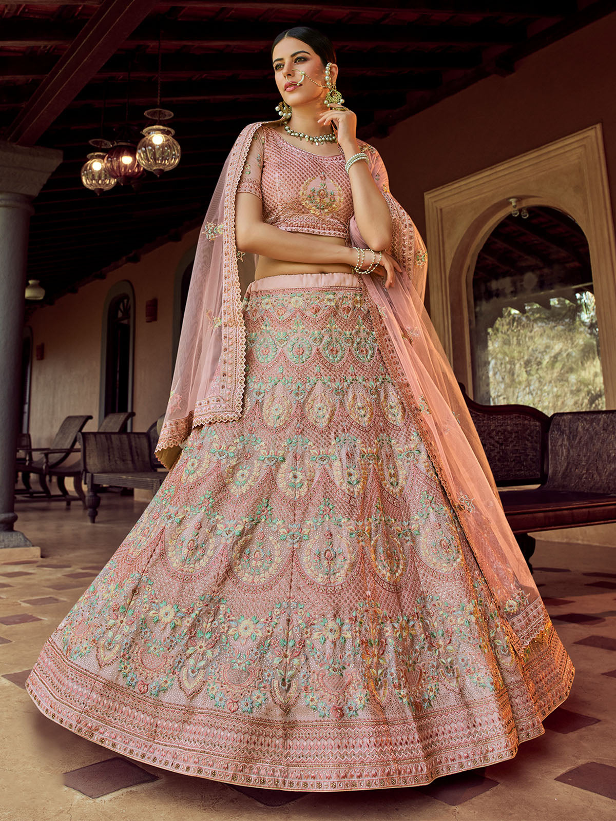Peach Embroidered Georgette Semi Stitched Lehenga With Unstitched Blouse Clothsvilla Main image