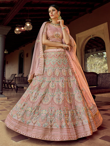 Peach Embroidered Georgette Semi Stitched Lehenga With Unstitched Blouse Clothsvilla