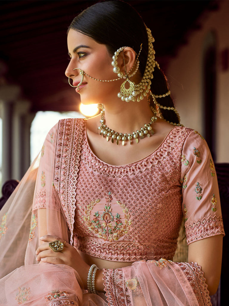 Peach Embroidered Georgette Semi Stitched Lehenga With Unstitched Blouse Clothsvilla