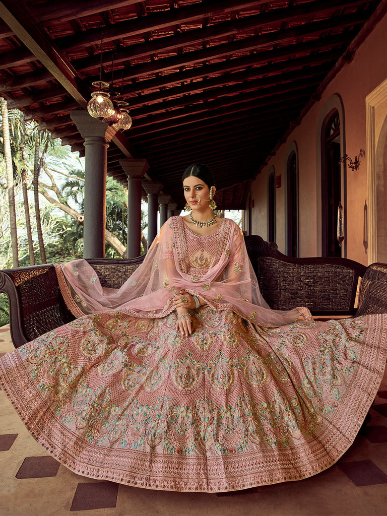 Peach Embroidered Georgette Semi Stitched Lehenga With Unstitched Blouse Clothsvilla