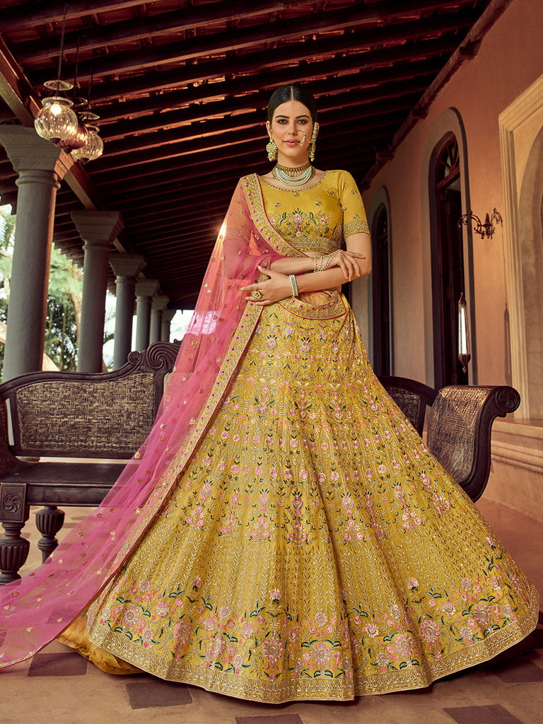 Mustard Embroidered Blended Organza Semi Stitched Lehenga With Unstitched Blouse Clothsvilla