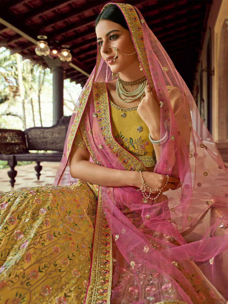 Mustard Embroidered Blended Organza Semi Stitched Lehenga With Unstitched Blouse Clothsvilla