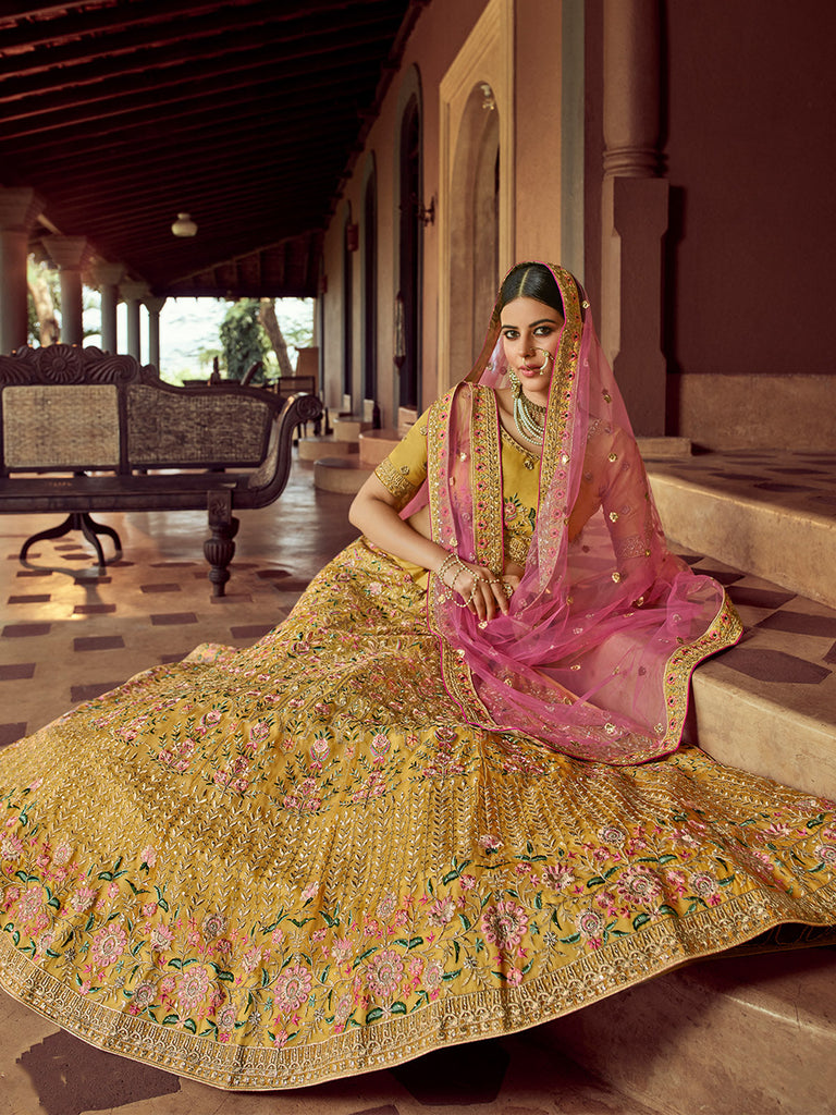 Mustard Embroidered Blended Organza Semi Stitched Lehenga With Unstitched Blouse Clothsvilla