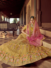 Load image into Gallery viewer, Mustard Embroidered Blended Organza Semi Stitched Lehenga With Unstitched Blouse Clothsvilla